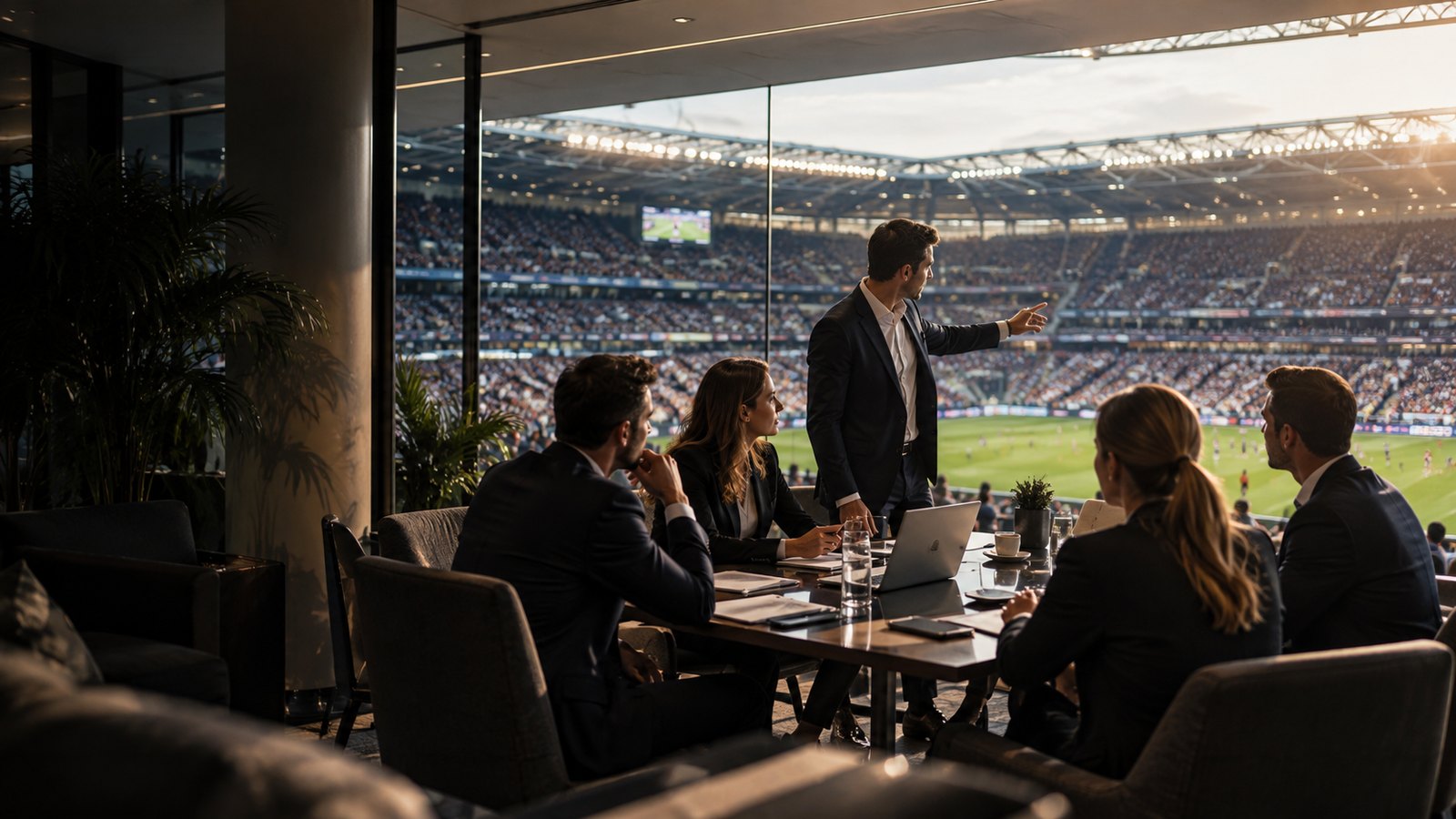 Reunión empresarial en un estadio deportivo